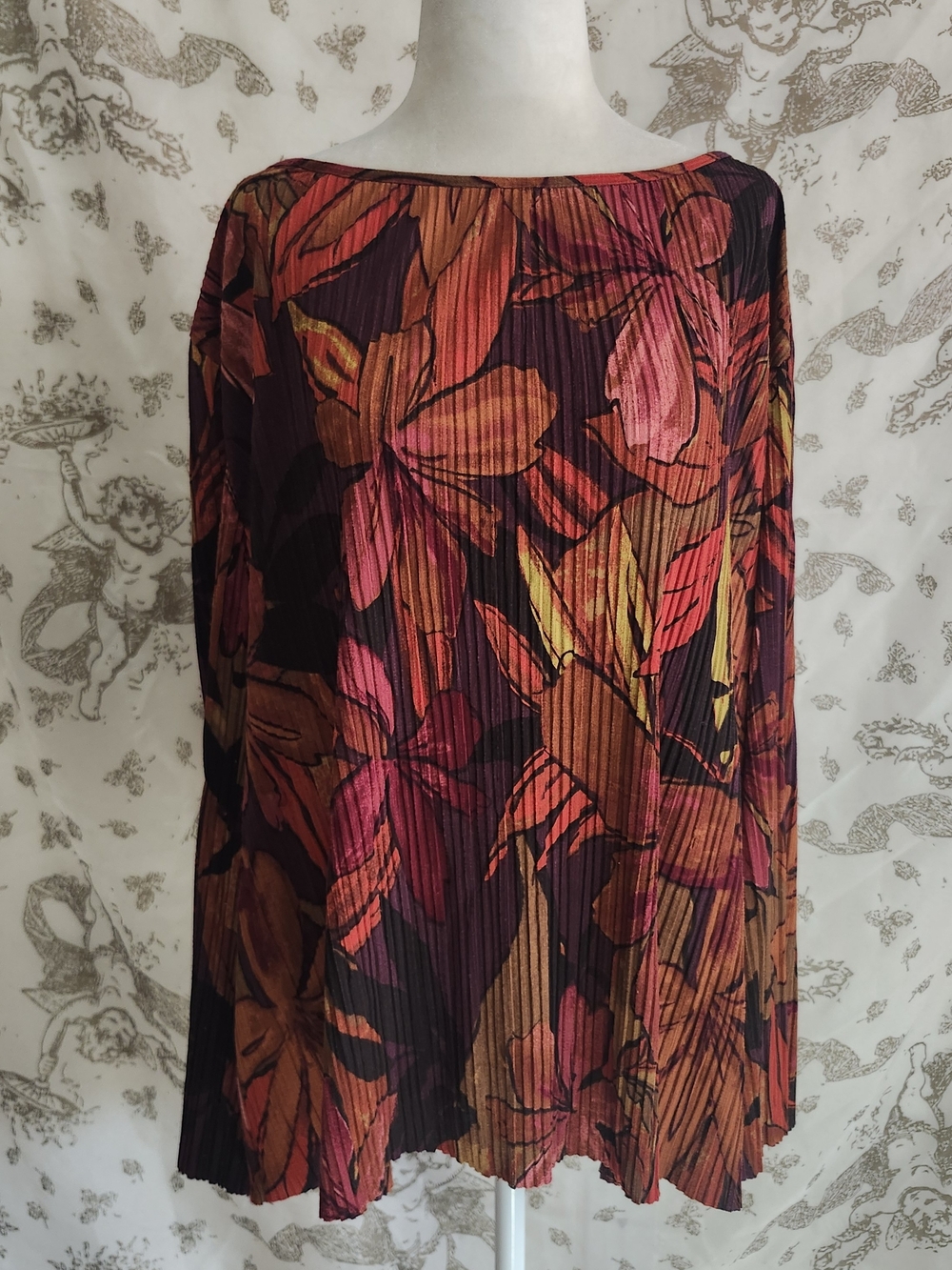 Chico's Sz 2 Autumn Pleated Boatneck Tunic in Pink, Orange & Gold Floral